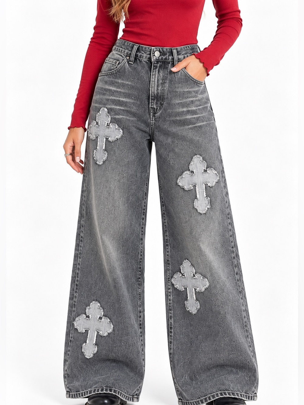 Minga London Cross Appliqué Washed Black Wide Leg Jeans 26